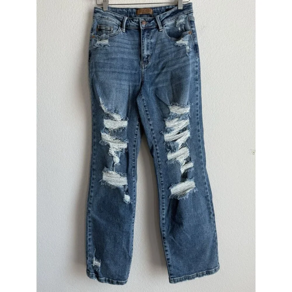 Judy Blue Jeans Women’s 7/28 Straight Fit Mid Rise Distressed Stretch‎ Denim